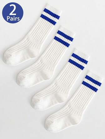 2 Pairs Kids Socks, Seasonal, Double Stripe Design, Versatile Calf Socks, Suitable For Daily Life