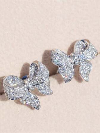 1 Pair Of Copper Inlaid Cubic Zirconia Bowknot Earrings