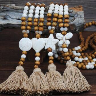 1pc Bohemian Style Wooden Bead Star & Heart Shape Tassel Long Necklace, Suitable For Women Daily And Beach Vacation Wear Valentines