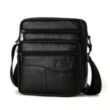 1PC Premium Black Genuine Leather Satchel: Sleek, Multi.Purpose With Adjustable Strap, Ideal For Everyday Style & Function Shoulder Crossbody Sling Side Bag Work Weekend Travel Camping Summer Portable Sling Bag For Man Bag Cross Body Bag Shoulder Bag Side Bag School Supplies Fall Messenger Bag For Man Cylinder Bag Old Money Christmas Vintage Purse Thanksgiving Chest Bag For Men Side Bags Leather Bag Hobo Bag Holiday Gifts For Men Tote Bag Men Bag Travel Essentials Retro Bag Valentine Day Summer Bag Springbreak Vacation Black Bag Bag Pack Vintage Bags - Black - View 2