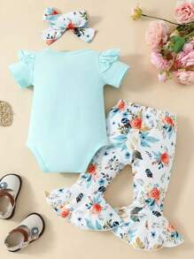Spring Blue Alphabet Print Crop Bodysuit And Flower Print Flared Pants Baby Girl Outfit - Blue - View 2