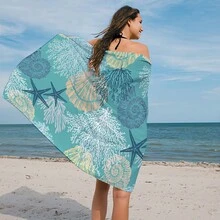 1入組海洋主題海星、海貝、珊瑚圖案沙灘巾，微纖維運動游泳沙灘浴巾 - 彩色 - 查看 7