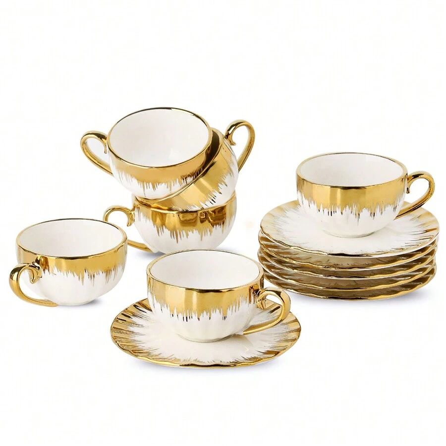 6pcs Ceramic Cup & Saucer Set, Includes 6 Gold Rim Coffee Cups And 6 Saucers, Suitable For Coffee, Latte, Americano And Tea, Home Decor, Room Decoration