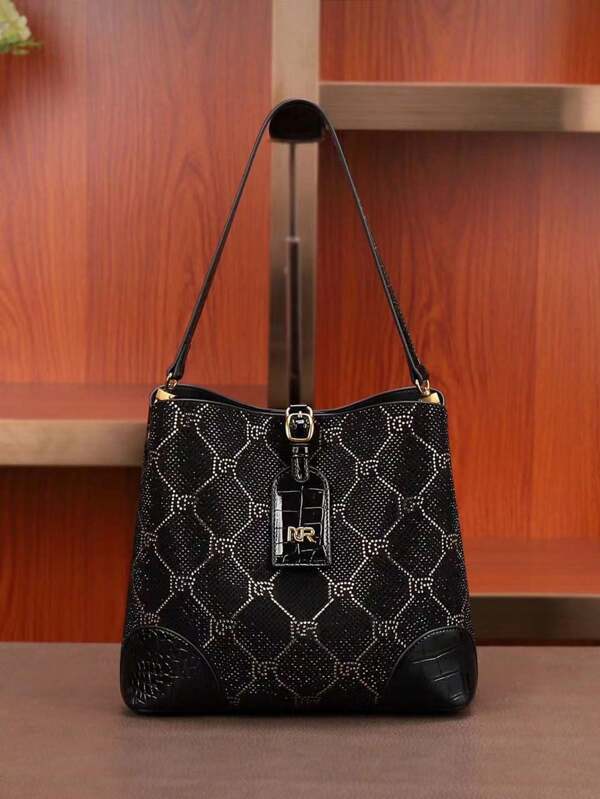 Women Fashionable Diamond Grid Black & Gold Rhinestone Decor Handbag Shoulder Bag, Suitable For Parties/Dinners/Outdoors/Commutes