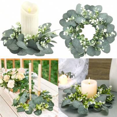 1 Pc Artificial Eucalyptus Leaves Wreaths Candle Rings Wreaths Candle Holder For Wedding Home Door Tabletop Decoration
