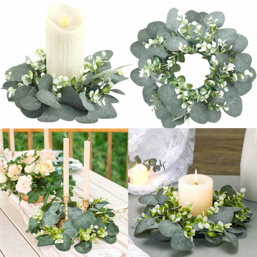 1 Pc Artificial Eucalyptus Leaves Wreaths Candle Rings Wreaths Candle Holder For Wedding Home Door Tabletop Decoration