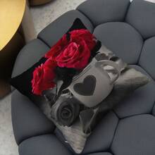 4pcs Black & Red Color Block Pillow Covers, Rose Floral Design, Digital Printed Polyester Linen-Like Material, Romantic Gift For Home Decoration & Couple (Pillow Inserts Not Included)