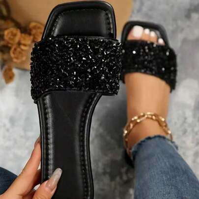 女士一脚蹬水晶钻平底优雅舒适休闲时尚凉鞋