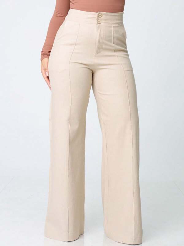 Calça Feminina Pantalona Linho Ocasional Alfaiataria Social Botões Wide Leg