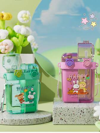 1pc Summer New Student Water Bottle Double Drink Straw Cup Cute Cartoon Water Cup Outdoor Portable Cup