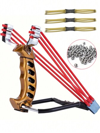 1set professionele krachtige outdoor-jachtkatapult met drie leren banden en 100 g stalen ballen, professionele jachtkatapult voor buitenschietoefeningen en wedstrijden, buitenjacht en visschietende katapult.
