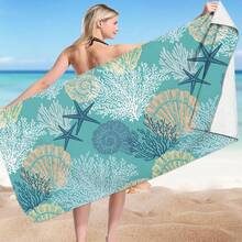 1入組海洋主題海星、海貝、珊瑚圖案沙灘巾，微纖維運動游泳沙灘浴巾 - 彩色 - 查看 1
