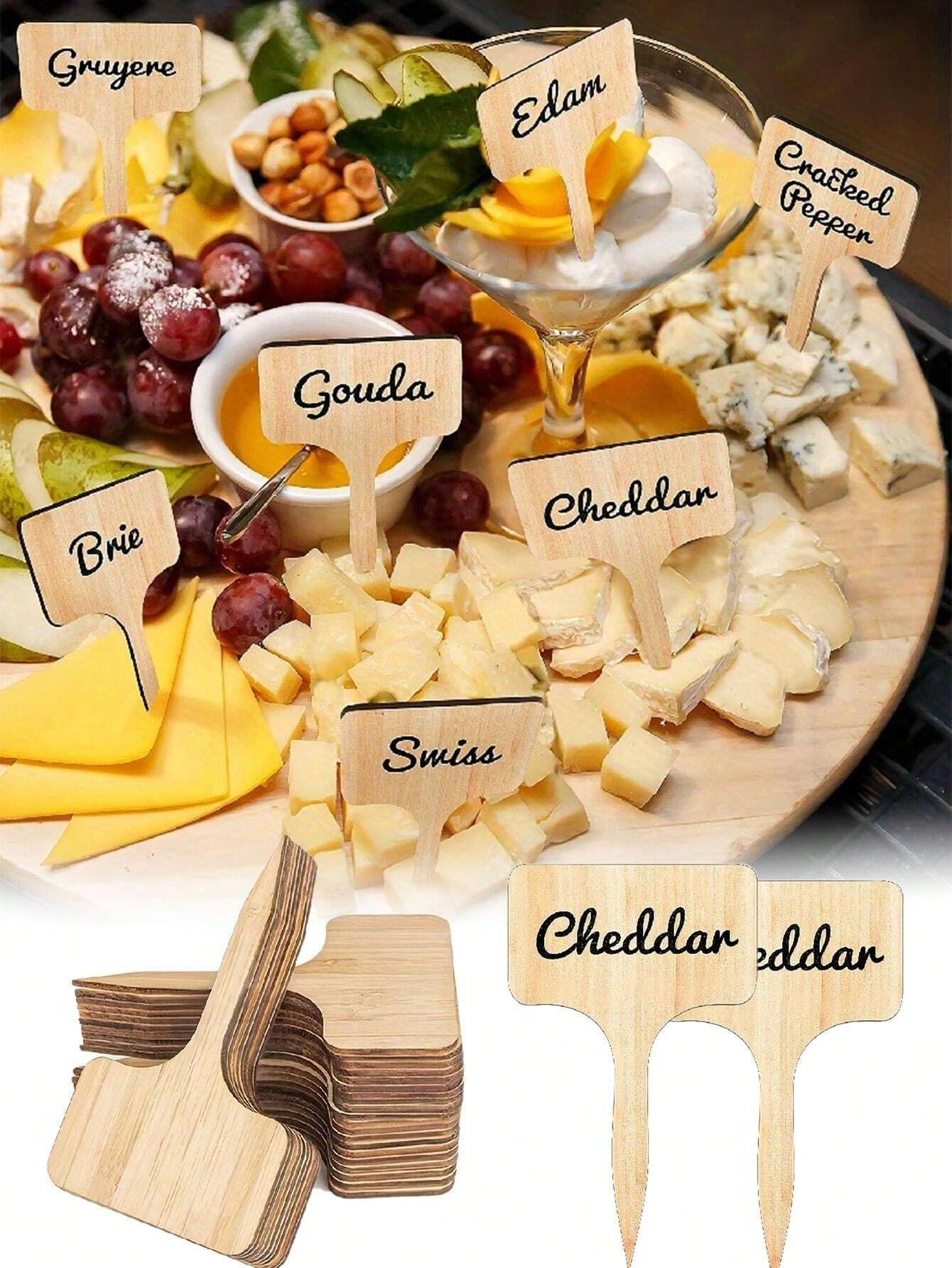 10pcs Reusable T-Shaped Wooden Fruit & Dessert Table Marker Sticks, DIY