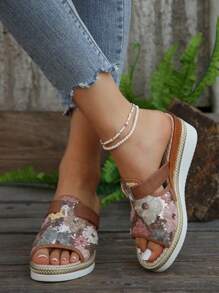 2024新款亮片楔跟女拖鞋 - 棕色 - 查看 1