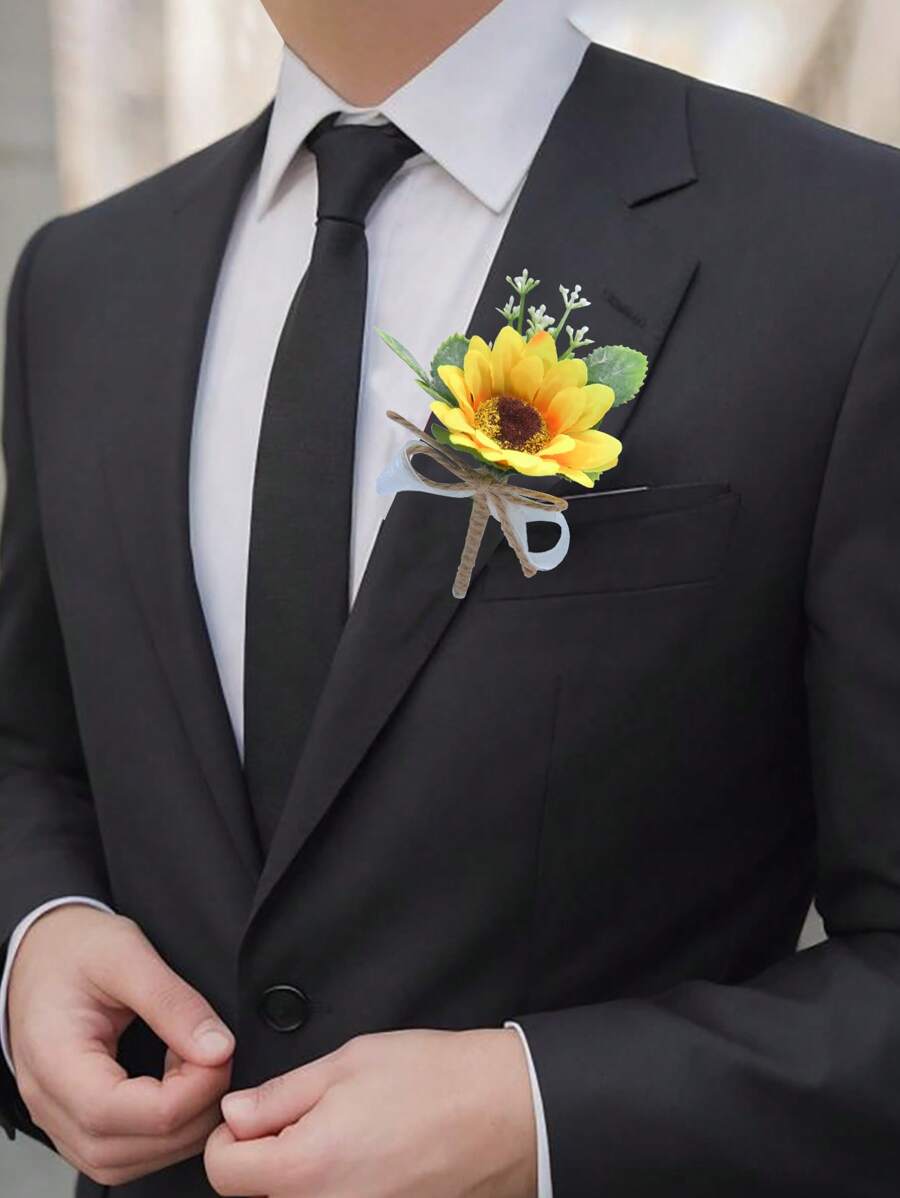 1 chiếc Boutonniere hướng dương dành cho chú rể có nơ, ruy băng và dây bện lá xanh, kẹp ghim cài áo bằng hoa hướng dương màu vàng Satin, phụ kiện phù hợp với phù rể và khách mời Hoa ngực, băng đô hướng dương, vương miện hướng dương, trang trí tiệc cưới cho nam và nữ - Nhiều màu - Xem 1