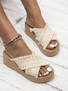 Women's Original Design General-Purpose Lady-Like Cute High-End Fashion Versatile Thick Bottom Sandals, Roman Style Retro Classic Elegant Elegant Fairy Beige Tassel Sandals, Suitable For Evening Party, Holiday, Halloween, Christmas, Comfortable, Versatile Round Toe, Rope Textured Bottom, Wedge Heel