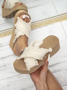 Women's Original Design General-Purpose Lady-Like Cute High-End Fashion Versatile Thick Bottom Sandals, Roman Style Retro Classic Elegant Elegant Fairy Beige Tassel Sandals, Suitable For Evening Party, Holiday, Halloween, Christmas, Comfortable, Versatile Round Toe, Rope Textured Bottom, Wedge Heel