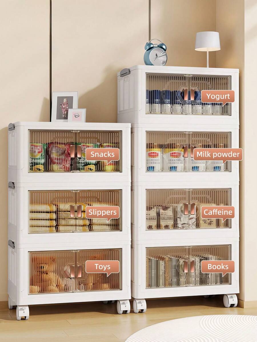 5-Layer Plastic Storage Box With Lid, Stackable And With Wheels, White Wardrobe Storage And Organizer, Double Door Collapsible Storage Box, Suitable For Home, Office, And Garage Storage (Length 54.5*Width 32*Height 152cm) - White - View 1