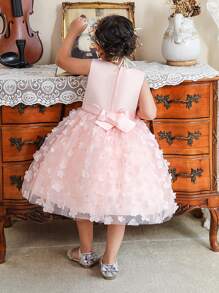 Vestido de Tule com Laço na Cintura com Contraste Floral para Meninas, Elegante e Fofo para Passeio
