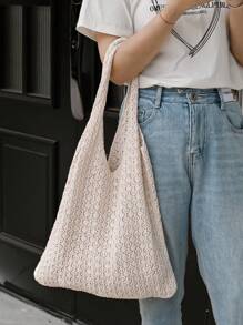 1 件大容量时尚钩针女士购物袋，大号编织袋，沙滩包，夏季度假风格，单肩包，网眼手提包，背包，厨房储物袋，女友购物袋，圣诞礼物，手提包 - 杏色 - 查看 14