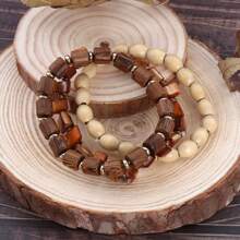 BOCAR 3pcs/Set Natural Beaded Wooden Bracelet Set, Suitable For Beach & Vacation - Brown - View 12