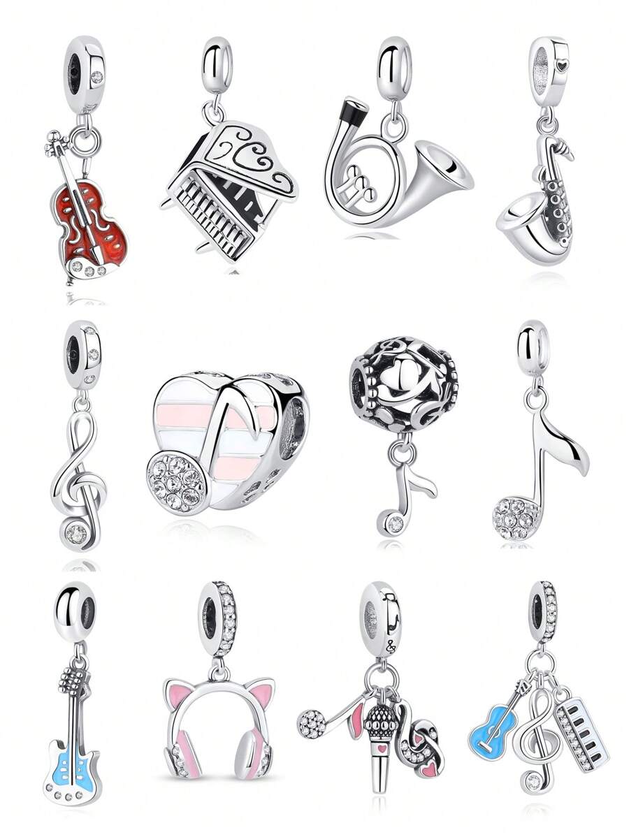 Colgante con forma de clave de sol, piano y auriculares plateado en estilo amante de la música, adecuado para hacer pulseras, collares DIY, regalo para festivales, cumpleaños y San Valentín