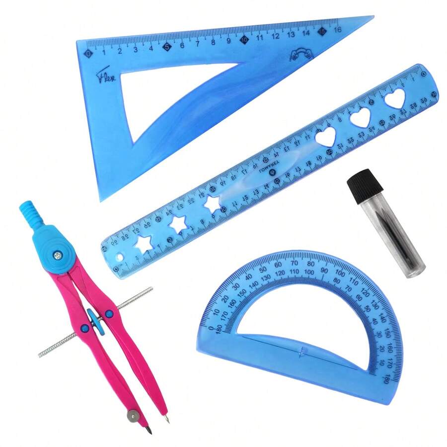Lecute Geometry Game Geometric Compass Metal Flexible Ruler Square Protractor School Office - Blue - View 1