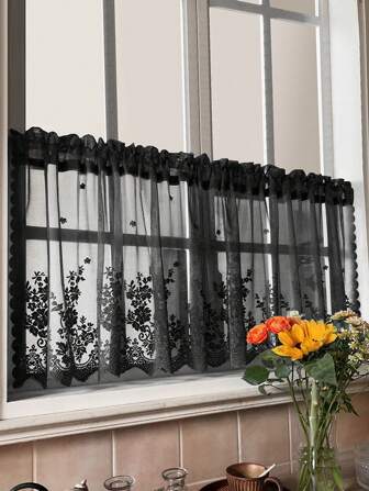 1入組黑色花紋短窗簾，法式浪漫風格全聚酯纖維窗戶和門飾物，適用於客廳、臥室、櫥櫃和門