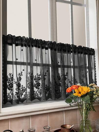 1 Stück schwarze kurze Spitzenvorhang mit floralem Muster, französischer romantischer Stil, vollständige Polyester Fenster und Tür Dekoration, geeignet für Wohnzimmer, Schlafzimmer, Schrank und Tür