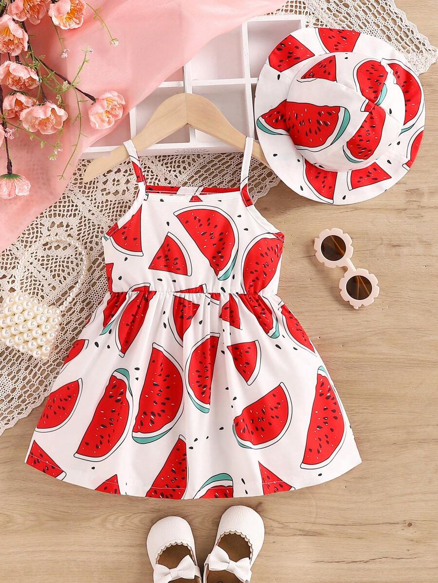 Conjunto de 2 piezas de vestido sin mangas de verano con diseño de sandía para niñas bebés con estilo casual y sombrero - Rojo - Ver 1