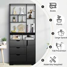 71-Inch Tall Storage Bookcase, Modern Stylish Bookshelf With Doors And 3 Drawers, Multi-Functional Display Cabinet Furniture, Wood Shelving Unit For Room Decor, Bedroom, Living Room, Hallway, Home Office - màu đen - Xem 8