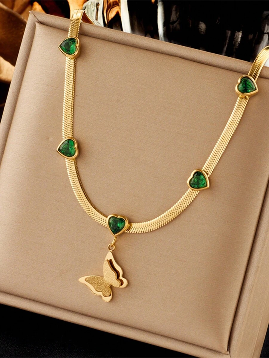 1pc Stainless Steel Butterfly Pendant Necklace Plated With Gold Featuring Inlaid Rhinestones And Heart Detail Valentines,Mom,Mother,Mother's Day,Gift - Butterfly - View 1