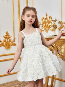 Tween Girl Solid Color Mesh Halter Dress With Applique - White - View 3