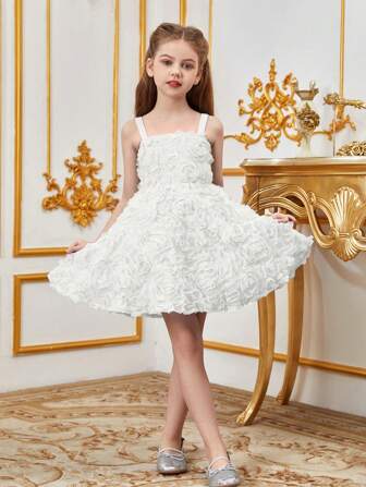 Tween Girl Solid Color Mesh Halter Dress With Applique