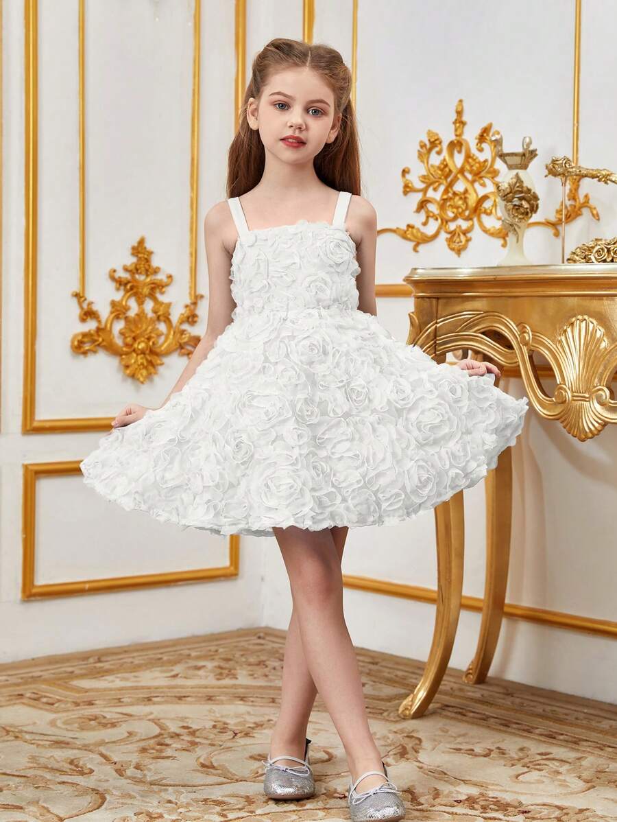 Tween Girl Solid Color Mesh Halter Dress With Applique - White - View 1