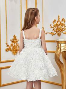 Tween Girl Solid Color Mesh Halter Dress With Applique - White - View 2