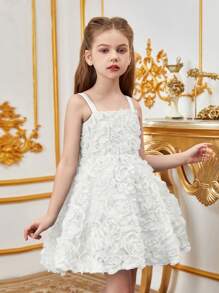 Tween Girl Solid Color Mesh Halter Dress With Applique - White - View 6