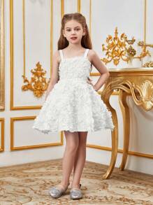 Tween Girl Solid Color Mesh Halter Dress With Applique - White - View 5