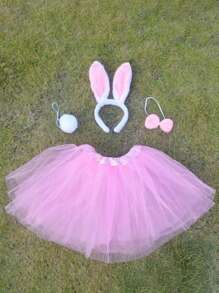 3入或4入組兔耳頭箍+蕾絲網裙套裝，六一兒童節演出派對裝扮道具 - 粉色 - 查看 14