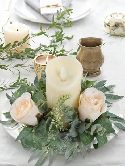1/4pcs Artificial Flower Candle Wreath, Suitable For Tabletop Decor, Candle Holder Wreath, Party Decor, Home Decor, Holiday Party Decor, Wedding Party Decor, Indoor Photography Props, Living Room Decor, Bedroom Decor