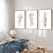 3入組無框北歐風格白粉藍色花卉海報牆藝術油畫打印圖片，客廳室內裝飾 - 綠色 - 查看 2