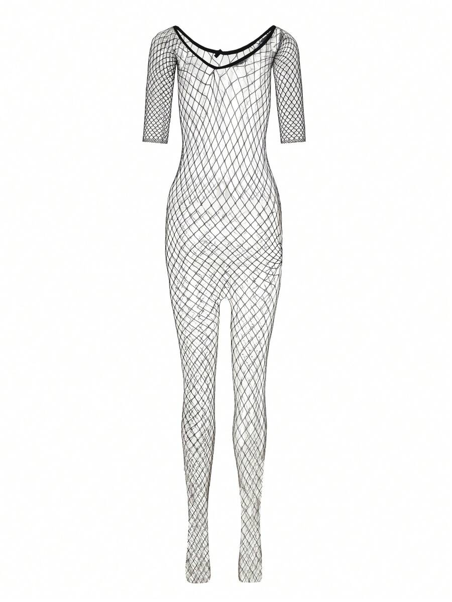One Piece Sexy Black Strapless Fishnet Bodystocking With Open Crotch And Sleeves For Rave - Black - View 1