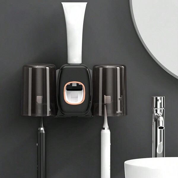 1pc/1set Toothbrush Holder With Gargle Cup Automatic Toothpaste Dispenser Wall Mounted Toothbrush Storage Rack Toothpaste Squeezing Device With Two Cups Bathroom Accessories Home Bathroom Decor Summer Back To School