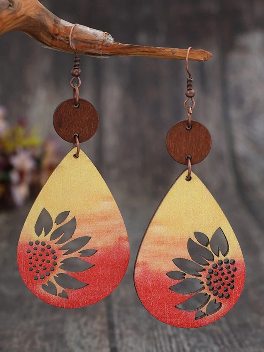 新款跨境復古創意漸變色向日葵和水滴形木拼接木製耳環 - 顏色 - 查看 1