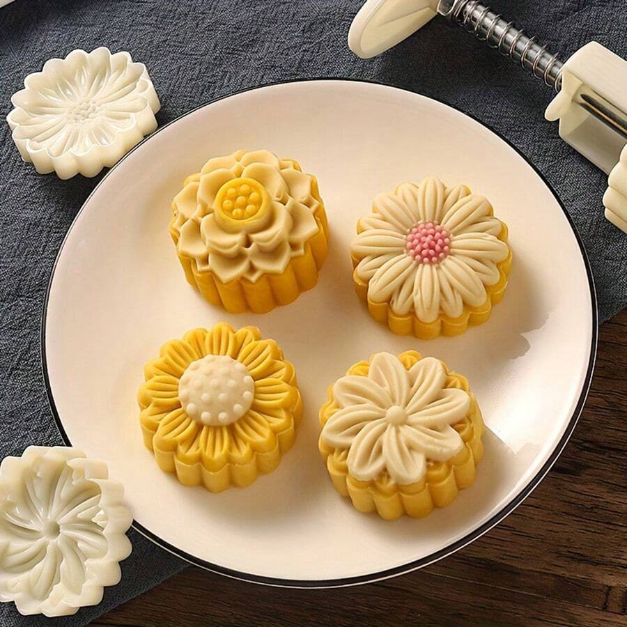 1 Set MoonCake Mold, Including 1 Mold And 4 Stamps,DIY Hand Cookie Cutter Press Mold 50g, Mung Bean Cake, Cookie,Mid Autumn Festival Pastry Mold,  Flower Shaped Moon Cake Maker, Baking Tools - White - View 1