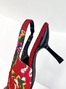 Chinese Style Red High Heels With Flower Print Open Toe And Narrow Heel Retro Sandals Women Summer Shoes - Red - View 6