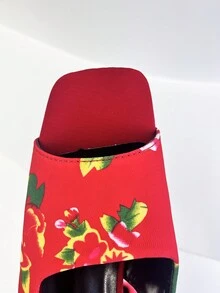 Chinese Style Red High Heels With Flower Print Open Toe And Narrow Heel Retro Sandals Women Summer Shoes - Red - View 5