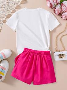 Blusa de manga curta com estampa de unicórnio para meninas e saia-calça com laço liso