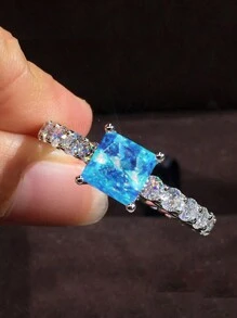 1 chiếc nhẫn đính hôn Cubic Zirconia vuông, thời trang sáng bóng dành cho cô dâu, lời hứa, kỷ niệm, nhẫn đá quý dành cho phụ nữ, đeo hàng ngày - Màu xanh nhạt - Xem 18