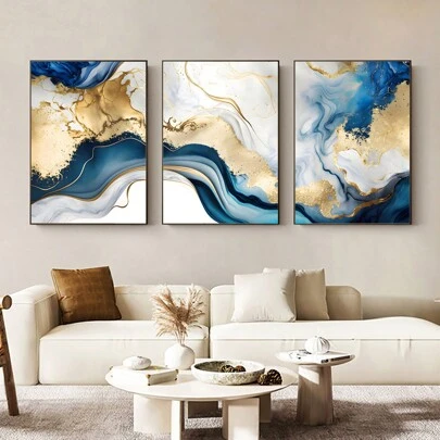 3 pezzi di arte da parete blu e oro, pittura blu con fogli d'oro bianco e blu, per decorazione del soggiorno, arte da parete in marmo blu e oro, decorazione da parete con immagine blu e oro